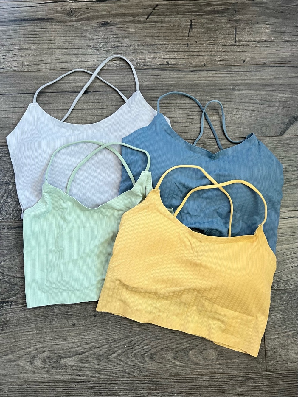 SHEIN Ribbed Crisscross Strappy Crop Tops - White, Light Blue, Sage, Yellow